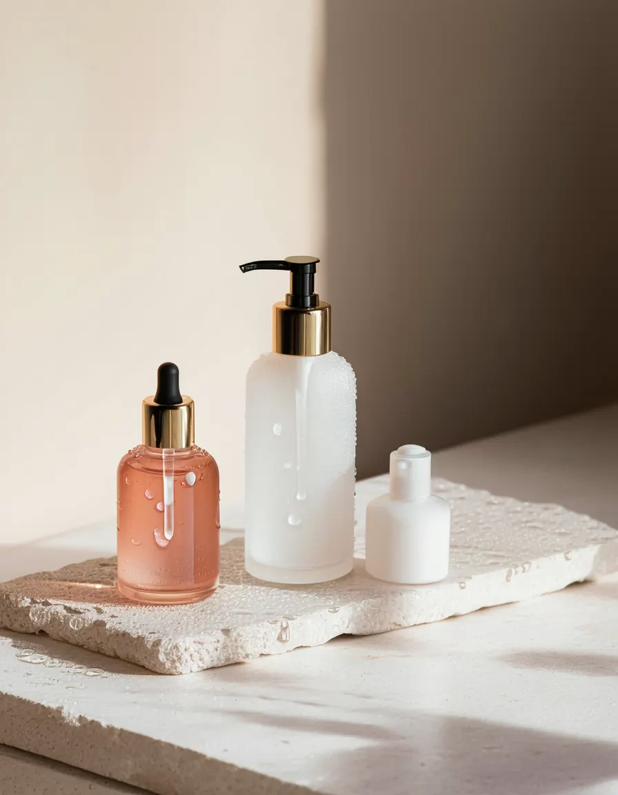 Frosted glass skincare bottles on pale stone in morning light