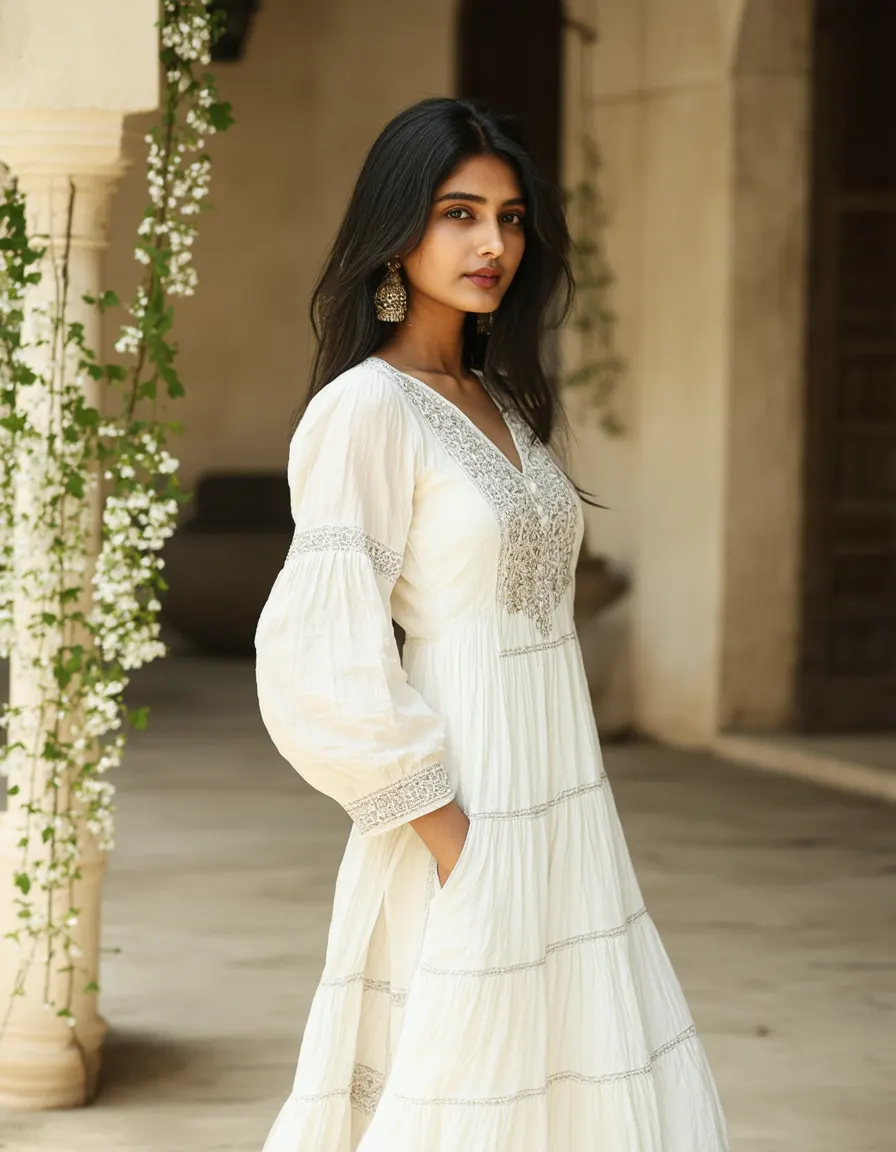 A woman in a white embroidered dress in festive morning light