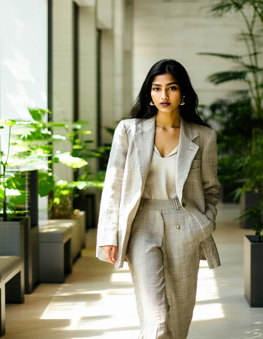 A woman in a linen suit in a bright modern office