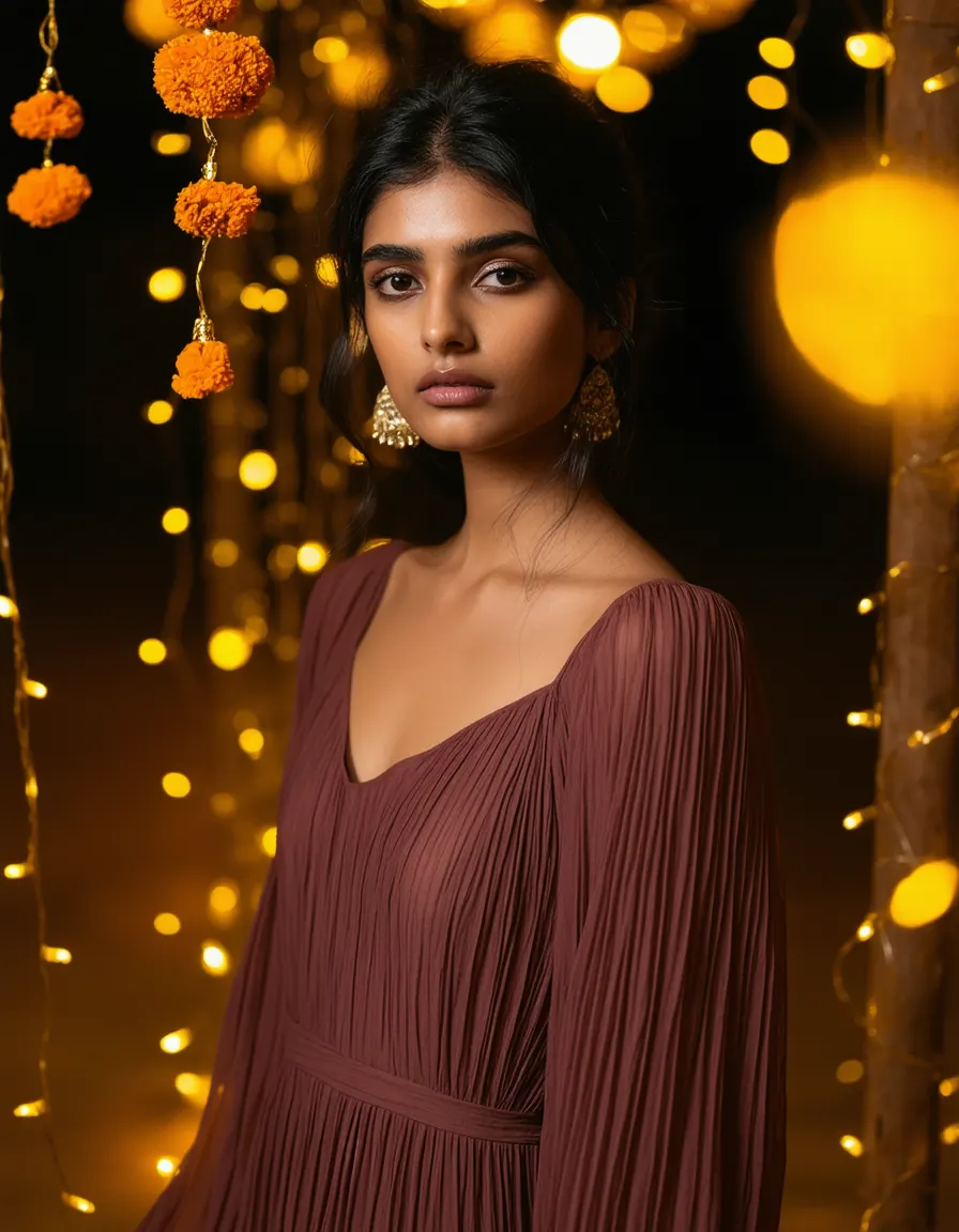 A woman in an evening dress among warm lights and flowers
