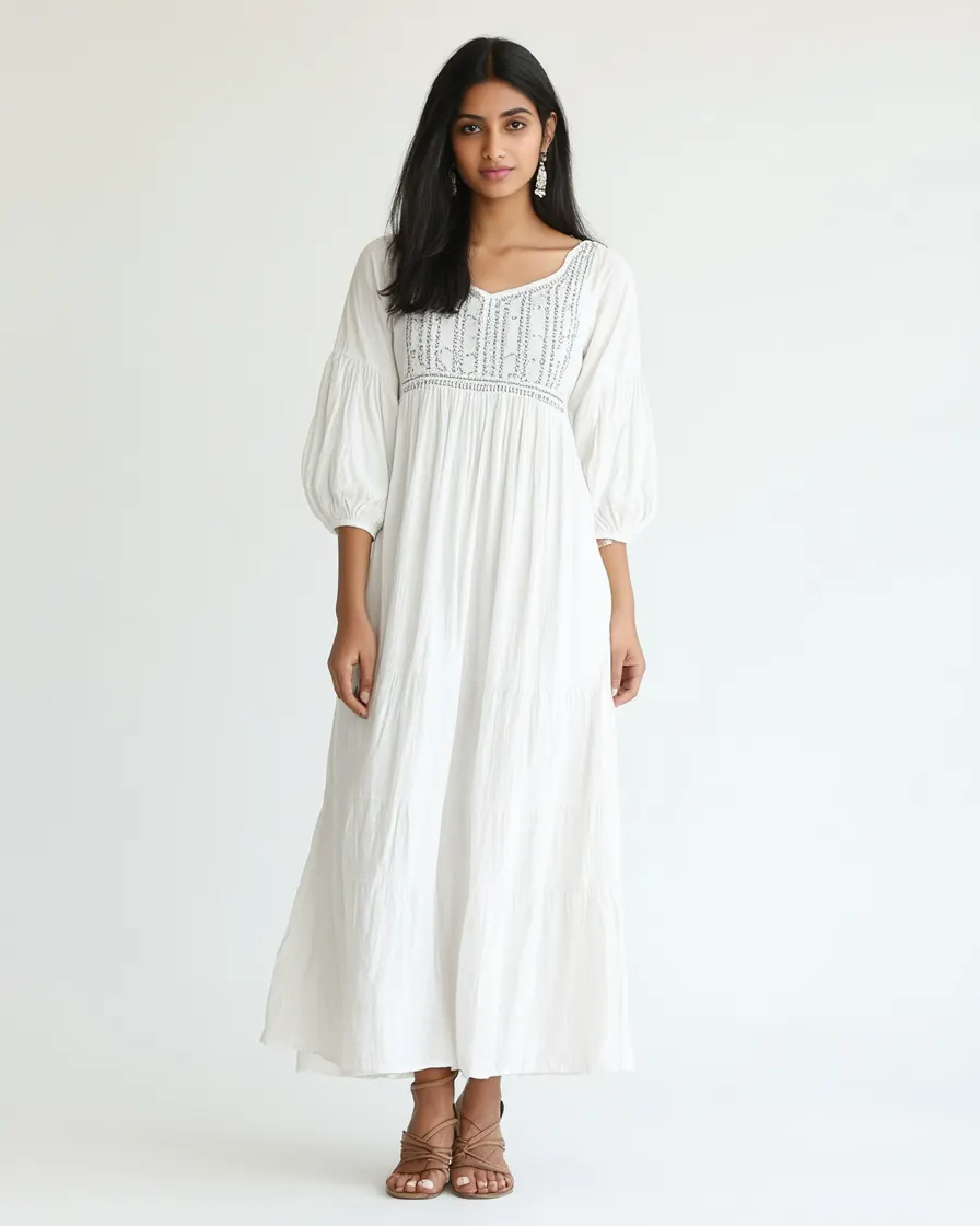 Embroidered Cotton Maxi Dress in Chalk