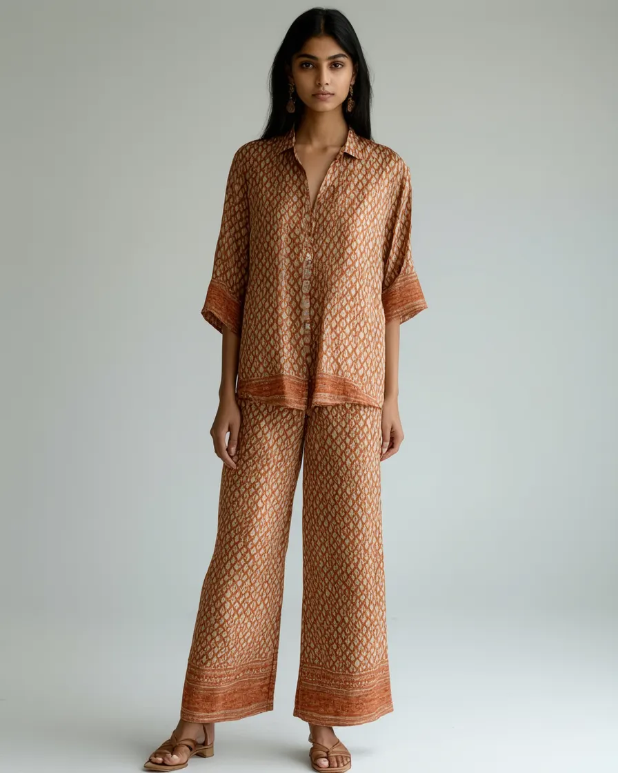 Printed Silk Co-ord in Terracotta Print