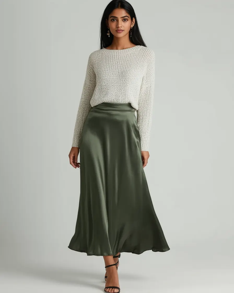 Satin Bias Midi Skirt in Olive