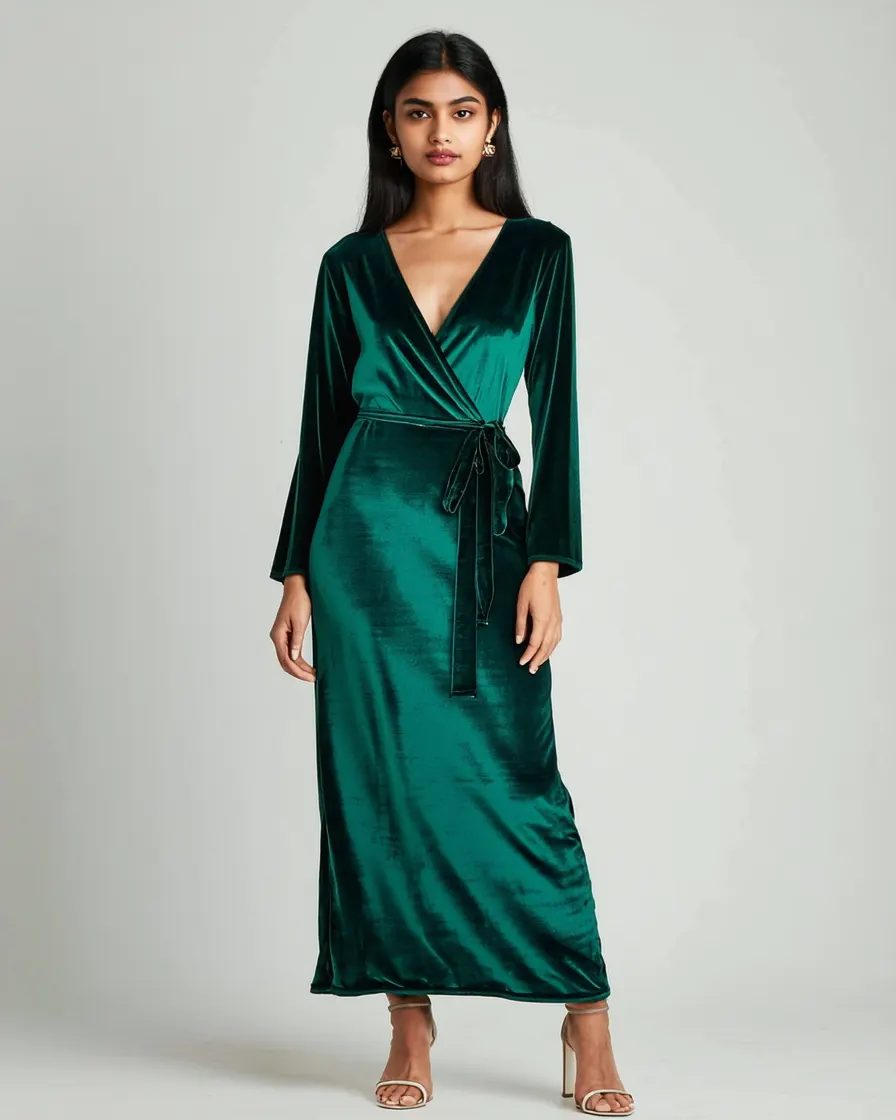 Velvet Wrap Midi Dress in Bottle Green