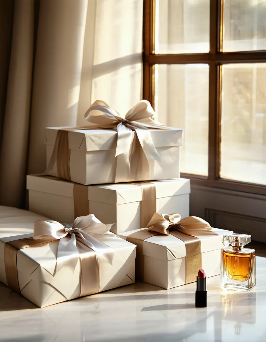 Gift boxes wrapped in ivory paper with silk ribbon