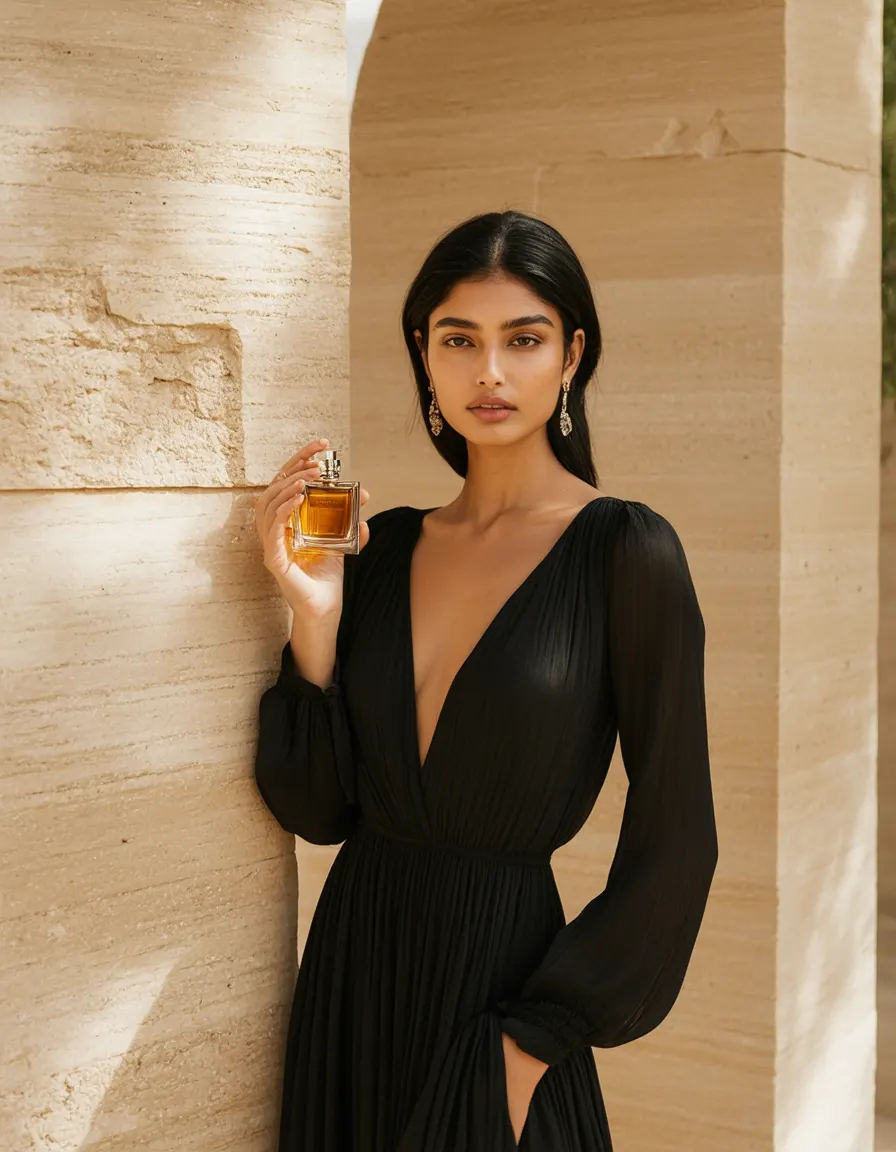 A woman in black silk holding a Shopskon perfume against a sunlit limestone wall