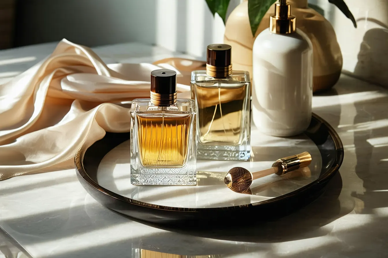 Perfume bottles arranged on warm stone