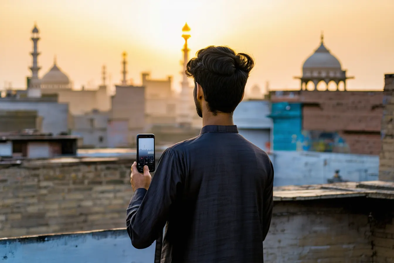 A man seen from behind filming the Lahore skyline at sunrise from a rooftop