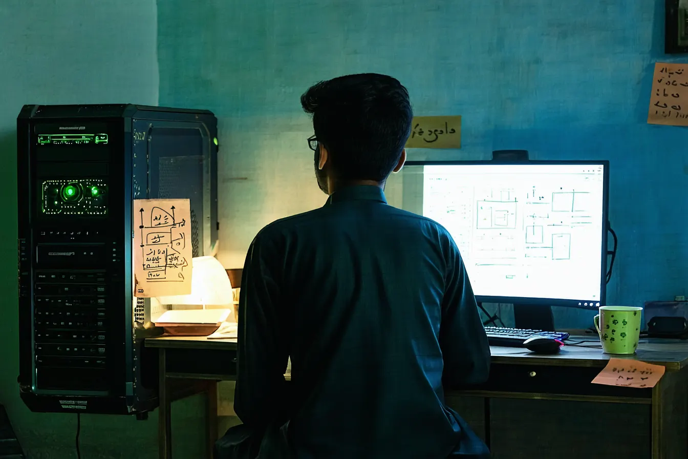 A man seen from behind at an old desktop computer at night, a notebook of hand-drawn plans beside the keyboard