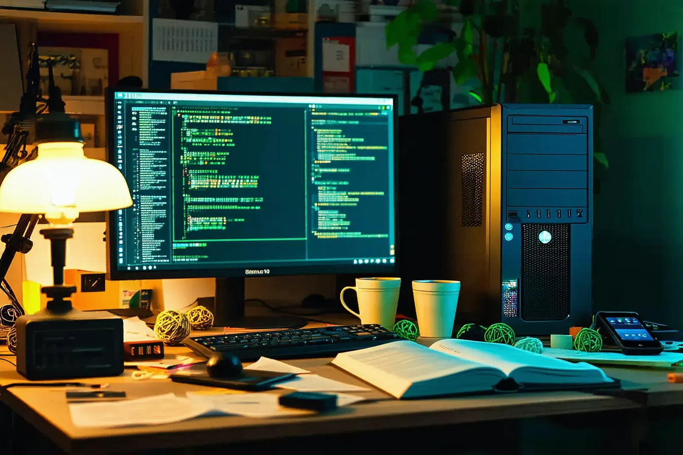 A messy desk with an open programming book, crumpled paper and empty chai cups in front of a glowing monitor