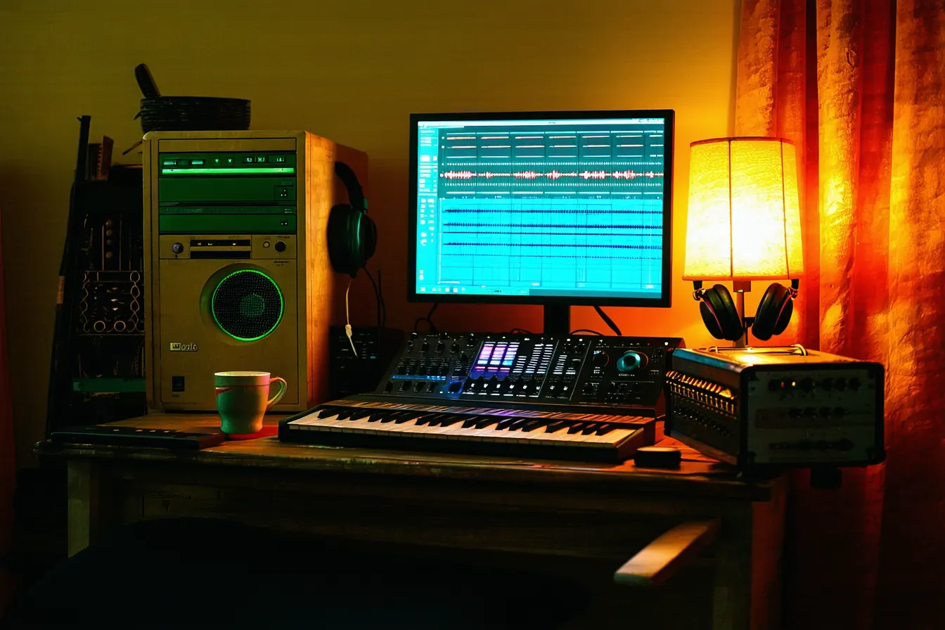 A home music corner with headphones hanging on a monitor showing a waveform, a small keyboard, a harmonium and a tabla