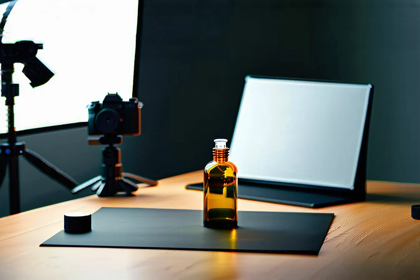 An attar bottle being photographed by a phone on a mini tripod, with the finished cinematic image on the monitor behind