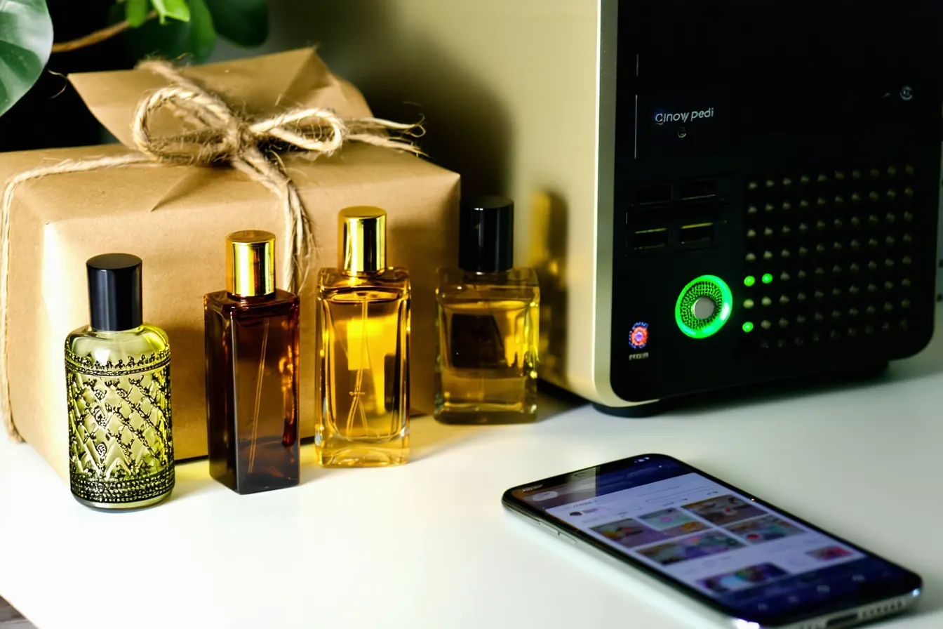 A hand holding a phone above a desk with attar bottles and a parcel wrapped in brown paper, the old computer glowing behind