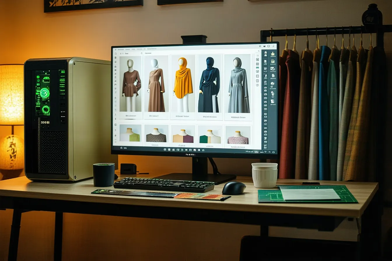 A monitor showing a grid of modest long-sleeved fashion looks, with fabric swatches and a measuring tape on the desk