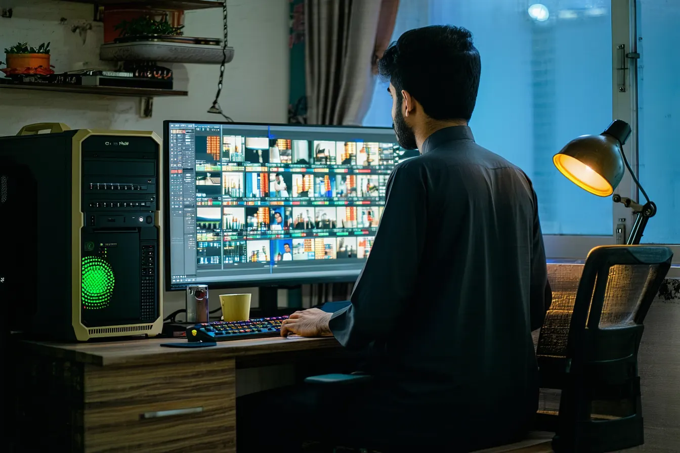 A man seen from behind editing a vertical video on a timeline, with charts on a second screen