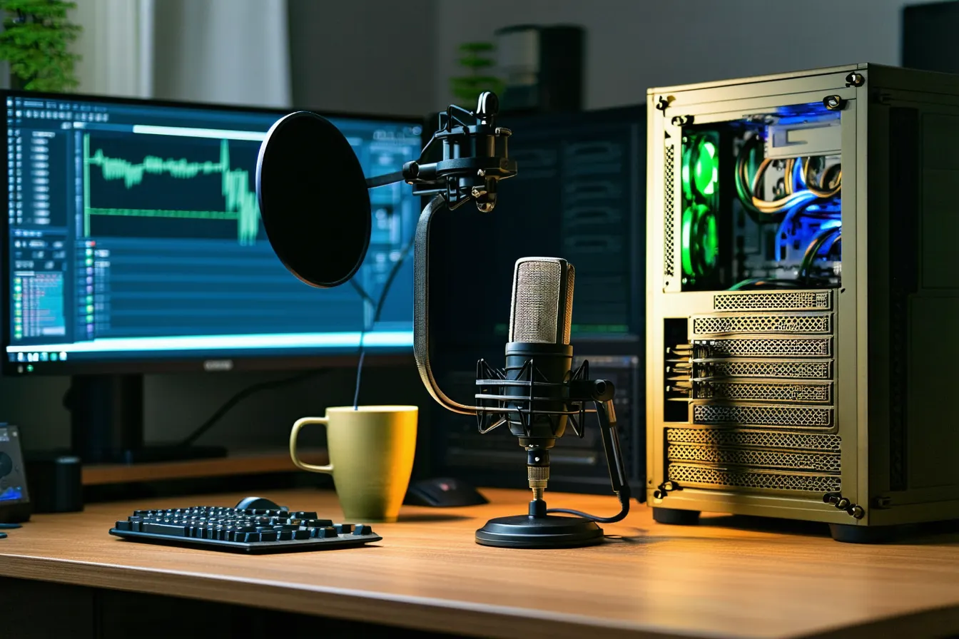 A condenser microphone with a pop filter on a desk arm in a small home studio