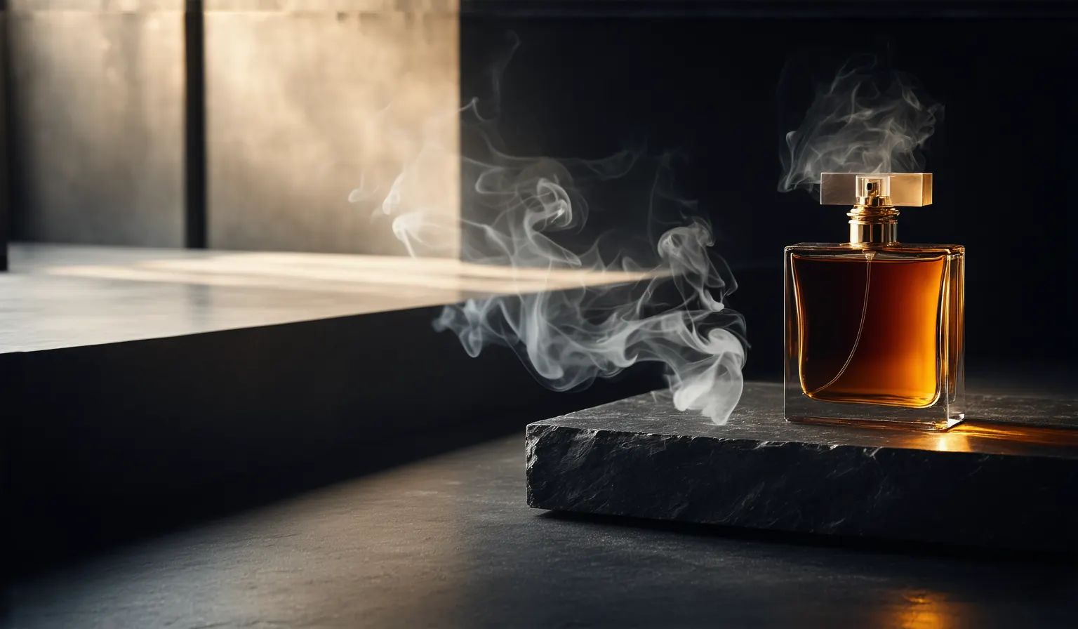 A Shopskon flacon on black stone wrapped in smoke