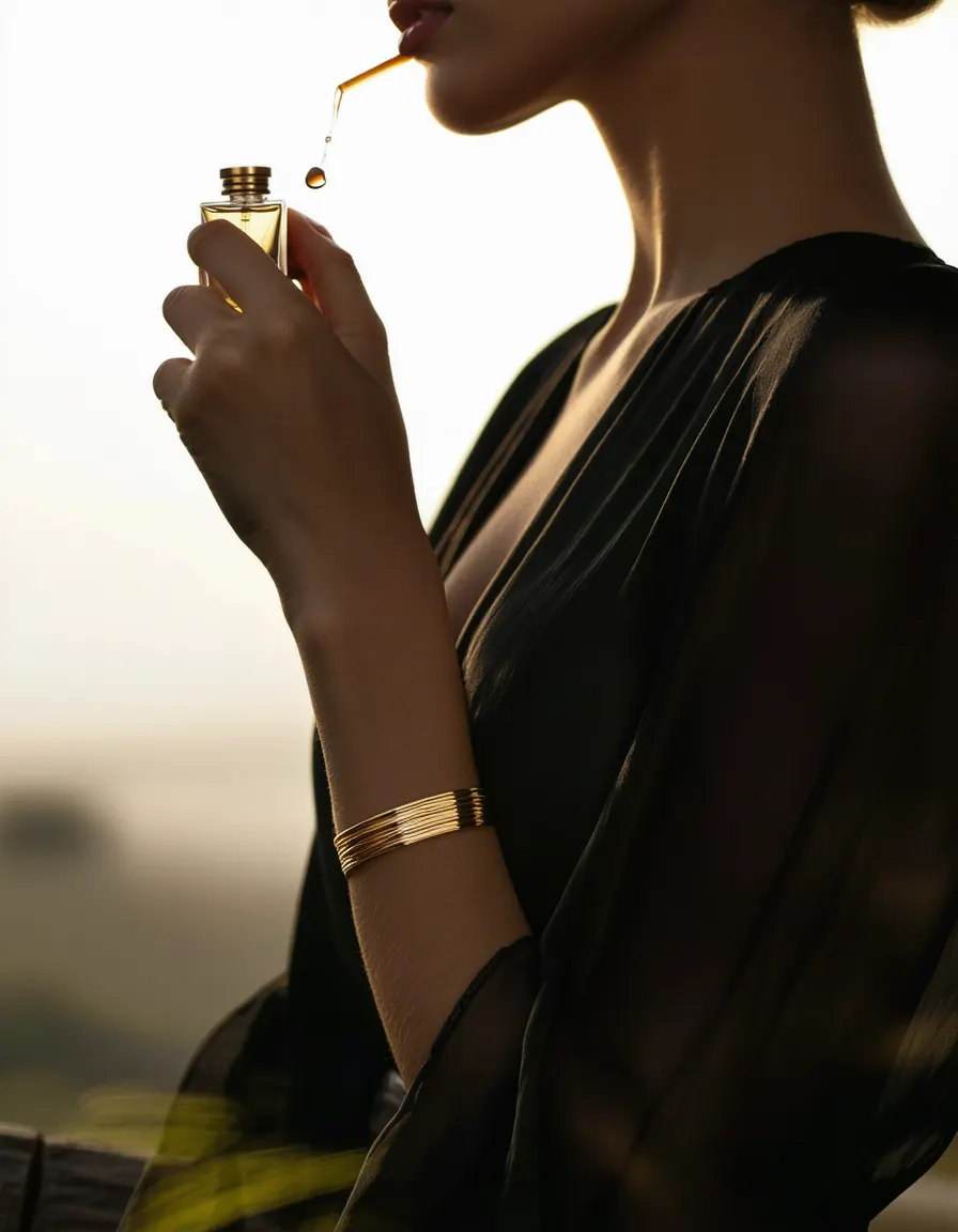 A woman dabbing perfume on her wrist